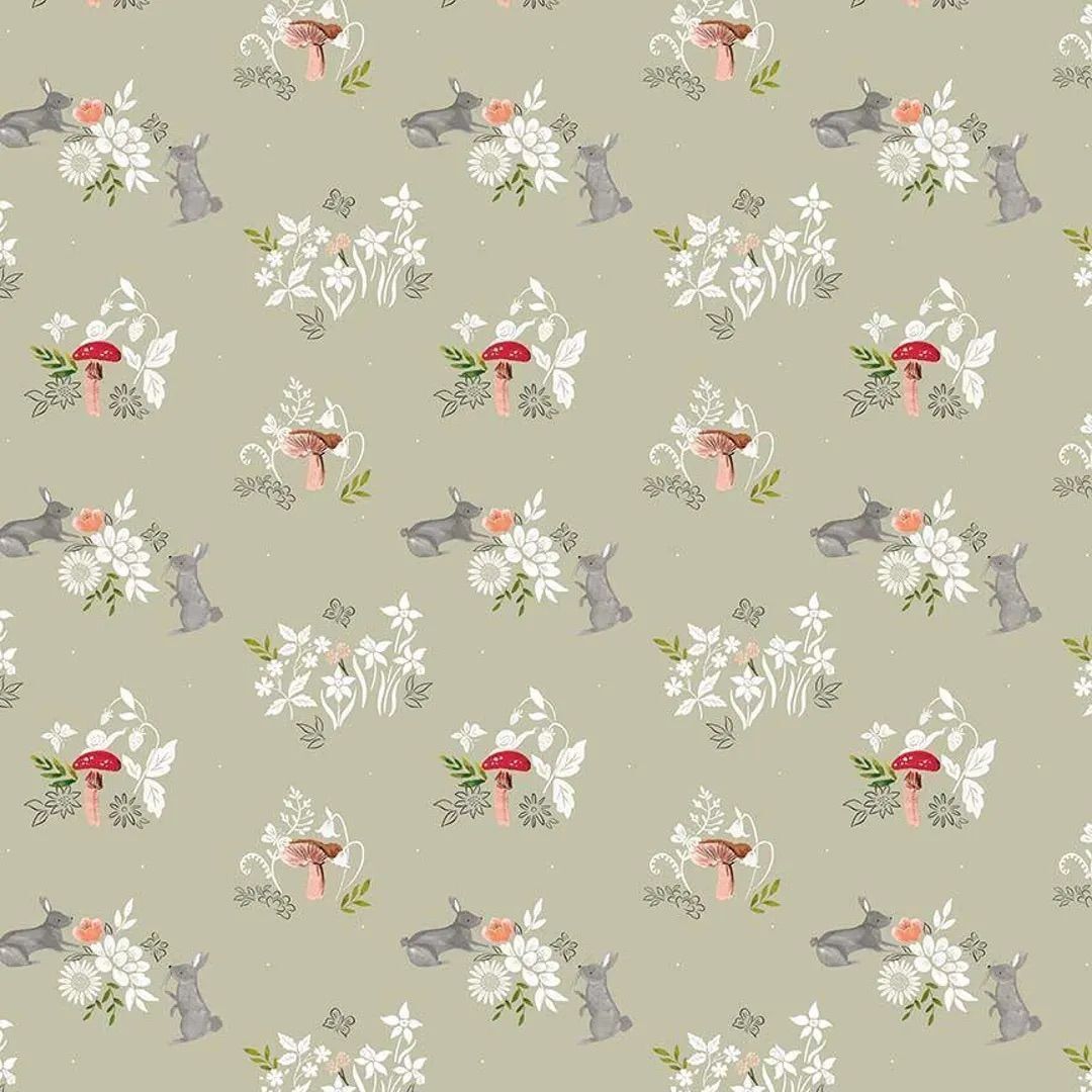 1/2 Yard Dear Stella Floral Forest - Mushroom and Bunny - Tarragon Fabric