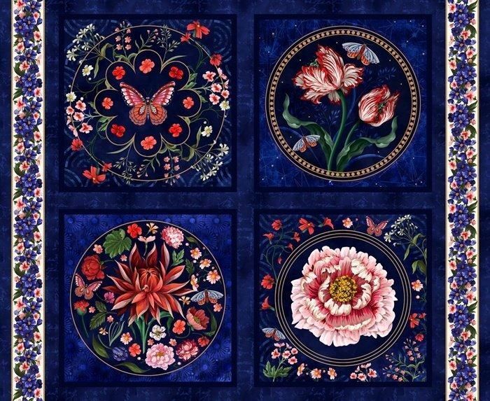 1/2 Yard Blank Quilting Cameo Appearance - Red Large Floral Navy Cameos - Pillow Blocks Fabric