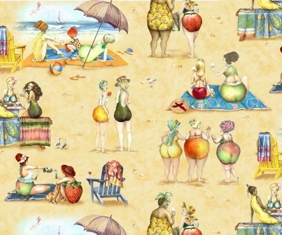 1/2 Yard Elizabeths Studio - Sand Fruit Ladies Scenic Fabric