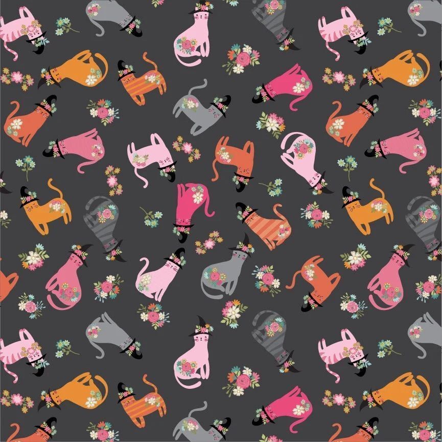 1/2 Yard Poppy Cotton - Kitty Loves Candy - Cats In Hats Black Fabric