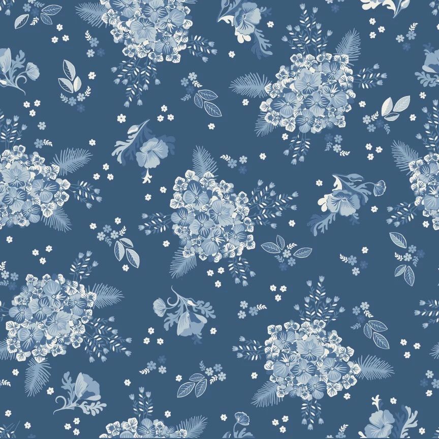 1/2 Yard Poppie Cotton Lakeland Blues- ￼Hydrangeas Dark Fabric