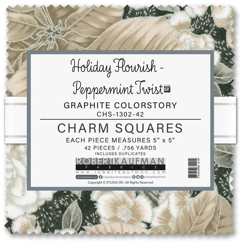 Robert Kaufman Holiday Flourish Peppermint Twist - Graphite Color Story - Precut Quilting Cotton Fabric Charm Pack - 5-Inch Squares